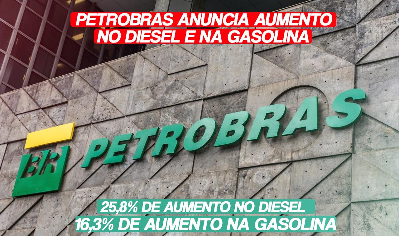Petrobras aumenta em 16,3% preço da gasolina nas distribuidoras; diesel ficará 25,8% mais caro